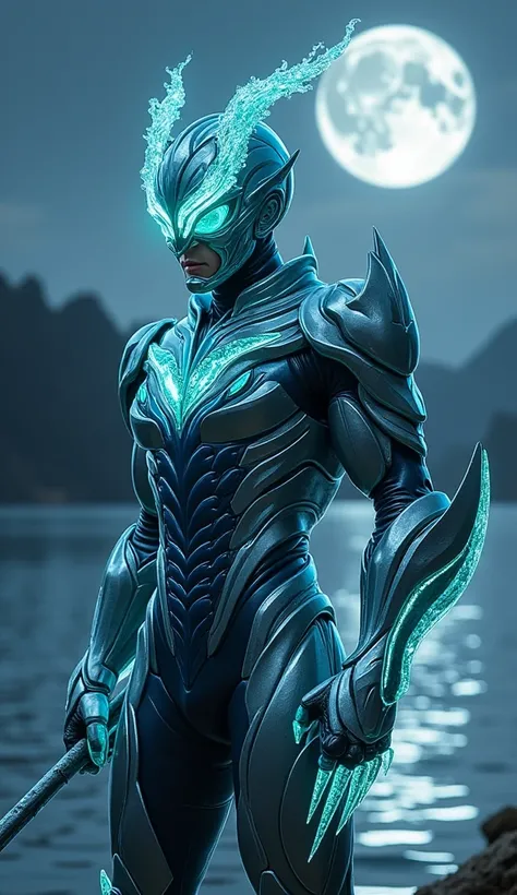 A highly detailed, realistic Kamen Rider inspired by the Aquarius zodiac. This Kamen Rider has a sleek, flowing design in deep aqua and silver tones, reflecting the water element. His helmet features a water wave crest on top, with a glowing crystal visor ...