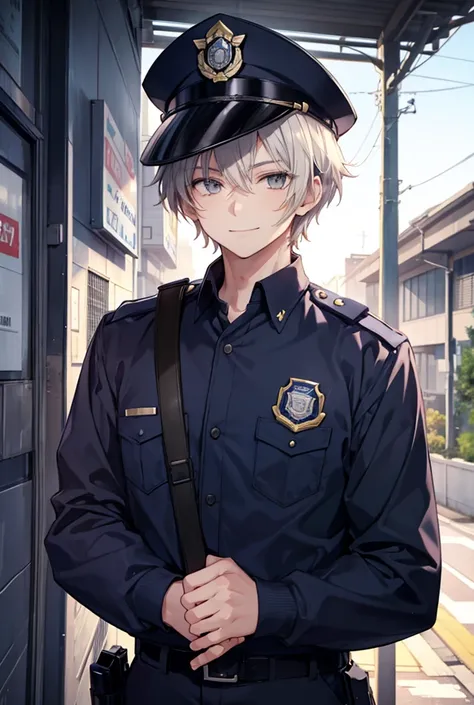 Grey Eyes,  Slanted Eyes,  anime style,  smile,  High School Boys, Police Officer
