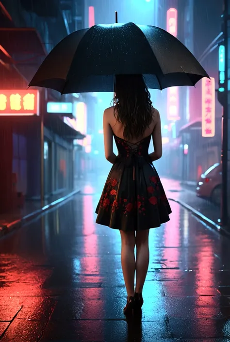 a lonely city at night, glowing red and black neon lights, rainy atmosphere, empty wet streets, detailed cinematic cityscape, dramatic lighting, moody melancholic atmosphere, (best quality,4k,8k,highres,masterpiece:1.2),ultra-detailed,(realistic,photoreali...