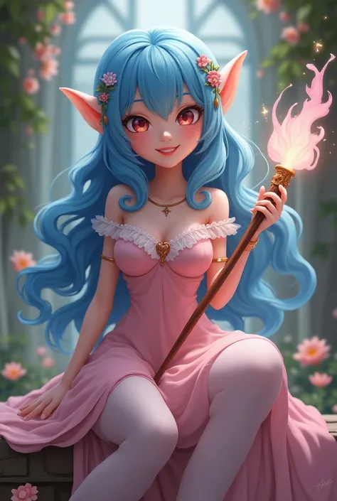  pretty Elfa with magic wand ,  very happy,  blue hair and ornaments on her head , long pink dress , Sitting opening her legs, without transparent panties, and white pantyhose