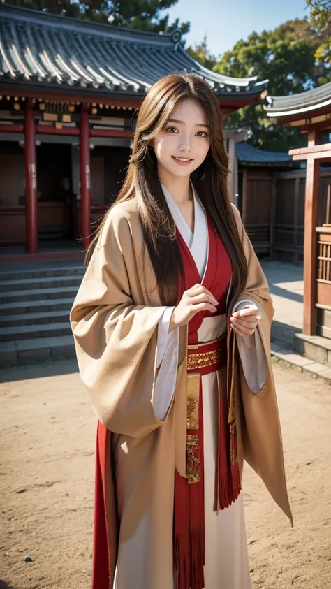  1 girl, solo, Long Hair,  high resolution on down, chest, smile, Brown Hair, masterpiece, 最 high quality,  high definition model ,  high quality,  Double Dumpling Hair , Little Edo, pray at the shrine,Grin, Nikon, Wear Western clothes , muffler 