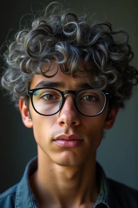 Young man wearing glasses ,  with curly gray hair, brown-colored skin ,  dark eyes