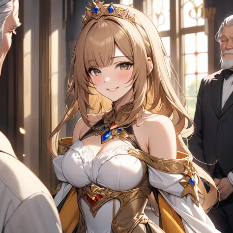  The woman who is the queen of the kingdom is beautiful, light brown-haired Princess Leona, wears a luxurious and attractive dress from the kingdom, pledges absolute loyalty and love to the great kings old man, and supports and loves each other in public a...