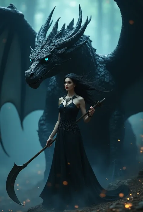 Black dragon,  blue and green sparkles,  blue eyes , imposing, fierce, with a winged woman ,  with black hair , serious look, imposing,  with a scythe in her hand . 