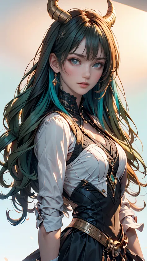 ((Live 2D))  masterpiece,  1 girl, full body, Standing Upright, Steampunk clothing, uniform,  watching viewers,   detail face  , girl with green  wavy hair in front of the station, bangs, Metal Ram Horns,  gradient hair,  colorful hair ,  light green hair ...