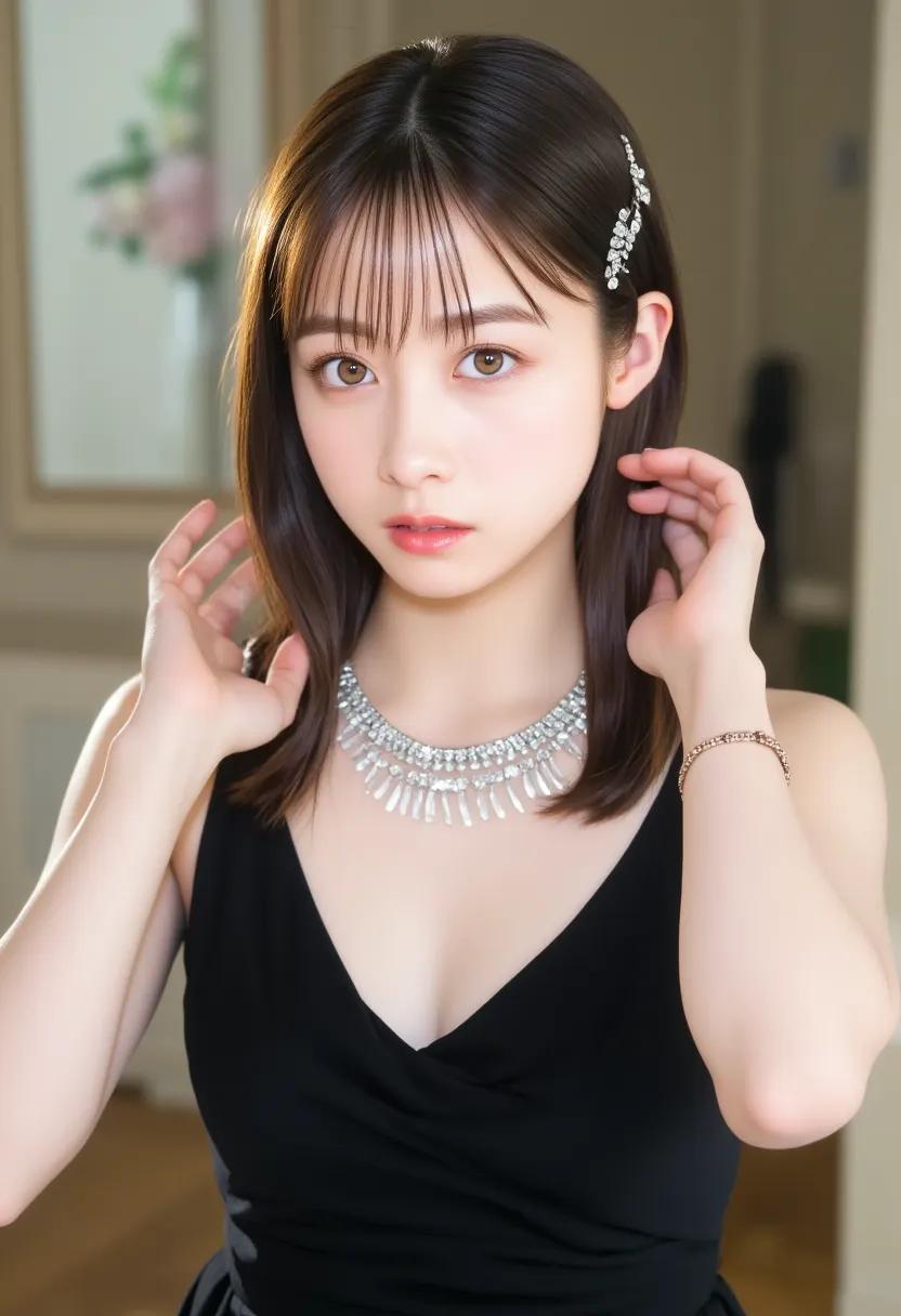 one woman、beautiful、perfect looks、pale turquoise eyes:1.3、small breasts、perfect balance、black silk dress,simple diamond necklace...