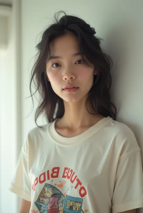 a close-up of a woman standing in a room with a white wall, 90s vibe, Vibe dos anos 90, estilo dos anos 90, estilo y2k, estilo y2k, estampa vintage anos 90, estampa vintage dos anos 90, graphic t-shirts, vestido com uma camiseta branca, estilo anos 8 0, 2 ...