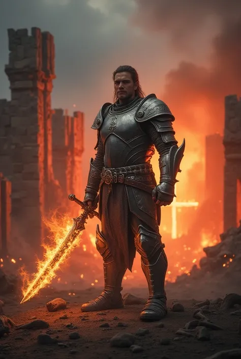 "a heroic dragon slayer in silver armor, wielding a flaming sword, standing amidst ancient ruins with dragon bones scattered around, intense fiery glow and embers in the background, red and orange hues lighting the scene, determination in his eyes, dark st...