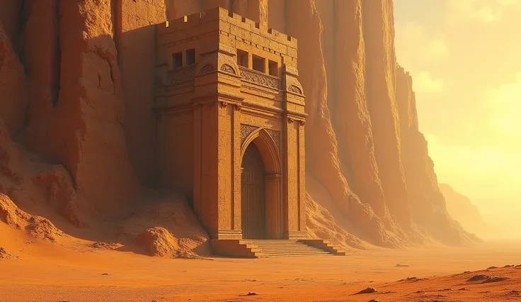 Stone castle carved into the flying mountain under an orange desert with a single entry door RPG