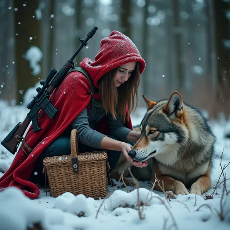 a densely wooded area of the black forests of Thuringia in Germany. winter.  we see Little Red Riding hood. Crouching with a grey wolf that has an injured paw. Hunter  style photo. Wrapping a bandage around the wolfs paw. a traditional picnic basket off to...