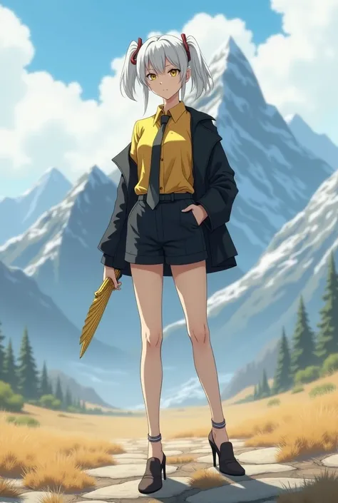 anime style, female character with short white hair in two side pigtails, yellow eyes with a neutral expression, fair skin, wearing a yellow t-shirt, black jacket, black tie, black shorts, black high heels, height 1.80m, holding a single sharp, golden hand...