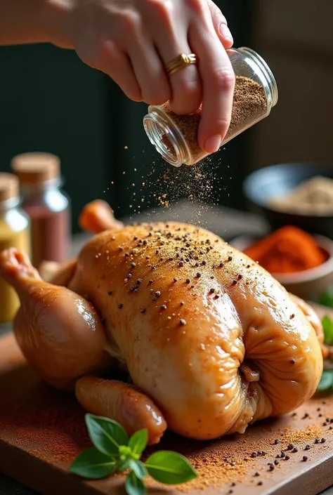  step 7 : Add spices
Add salt,  pepper and your favorite spices to the chicken.
