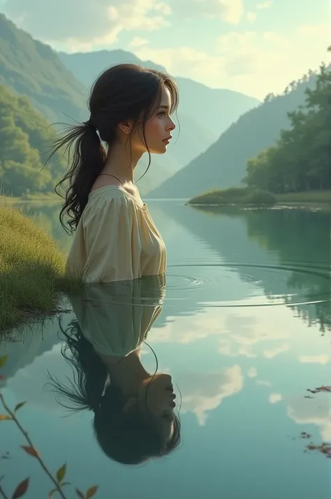 Girl looking at a landscape and the lake is reflected in her but dressed in old clothes