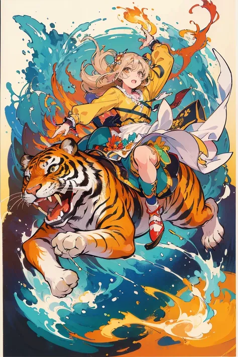 (​masterpiece、top-quality、 official art:1.2)、 Watch Viewers 、｛Appearance of the clothing｝、｛Tiger and girl ｝、｛Tiger Painting｝， flash running ，  colorful floating on water、(2D:1.5)