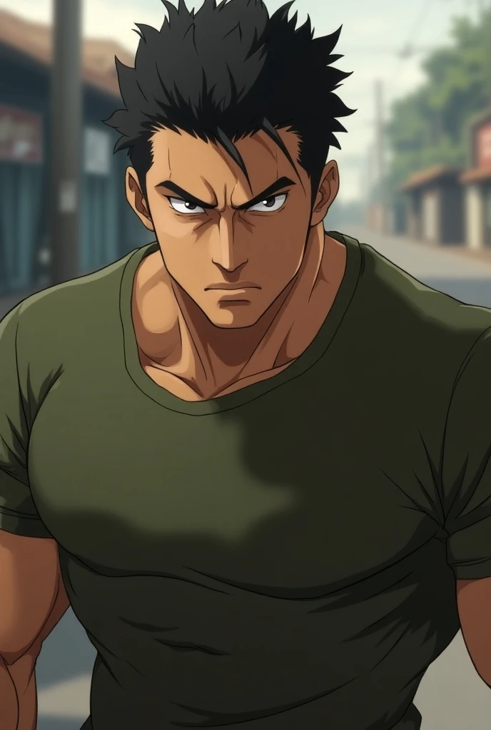 "Create an anime-style image of a muscular man with a serious, focused expression, wearing a tight olive-green T-shirt. His short dark hair is styled simply, and his eyebrows are slightly furrowed, showing determination. The setting is outdoors with a blur...