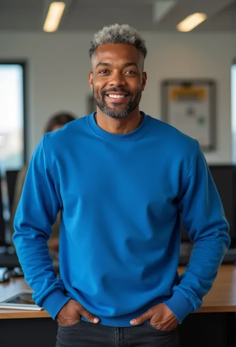 adult, african american male, purple eyes, short straight silver hair, blue sweatshirt, black jeans, hands in pockets, warm smile, sitting behind a desk, in an office