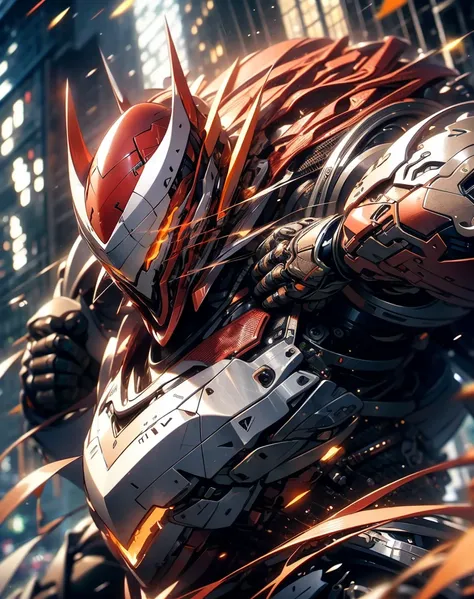  A man wearing red exo armor is making violent movements in front of a building,  rendered in Unreal Engine 5 , Black Octane Rendering, Super detailed with octane rendering ,  rendered with 8K Unreal Engine ,  rendered with Unreal Engine 6 , Streamlined re...