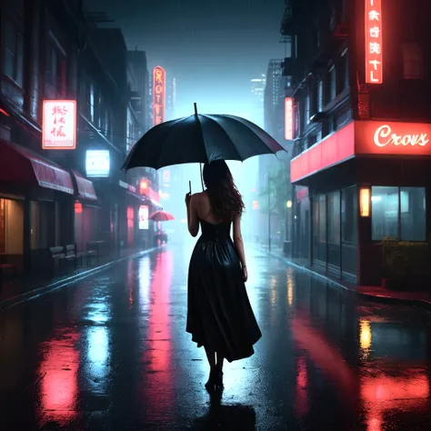 a lonely city at night, glowing red and black neon lights, rainy atmosphere, empty wet streets, detailed cinematic cityscape, dramatic lighting, moody melancholic atmosphere, (best quality,4k,8k,highres,masterpiece:1.2),ultra-detailed,(realistic,photoreali...