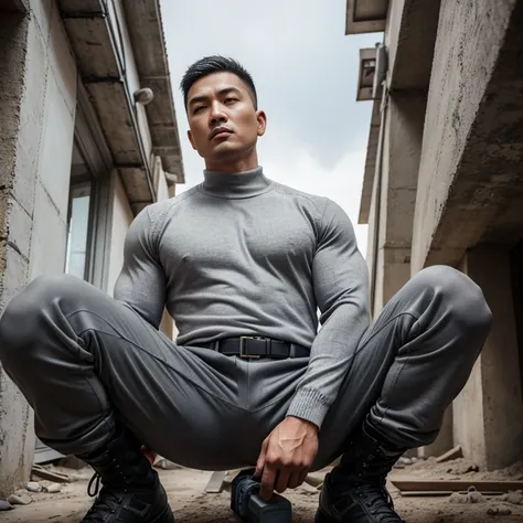 Age 30,One Man,、Muscular、grey work jumper、Grey work pants、 black military boots to carry a pistol、 Work Site ,Sit on a rebar。 very short hair 、 handsome fighter　Asian Face　Stubble、View from below