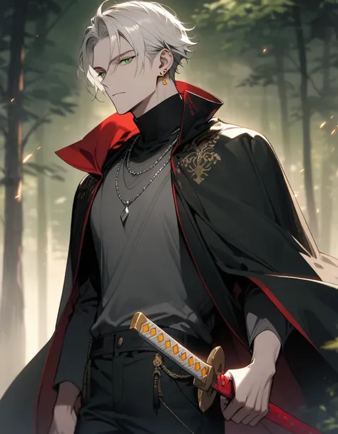 Half body, one adult man, handsome, wearing a grey shirt with cloak, black long pants, cool, half yellow white hair, two block haircut, sixpack, silver necklace, white hair, green eyes, gold earing, holding a red katana, forest background