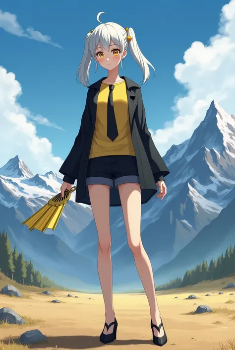 anime style, female character with short white hair in two side pigtails, yellow eyes with a neutral expression, fair skin, wearing a yellow t-shirt, black jacket, black tie, black shorts, black high heels, height 1.80m, holding a single sharp, golden hand...