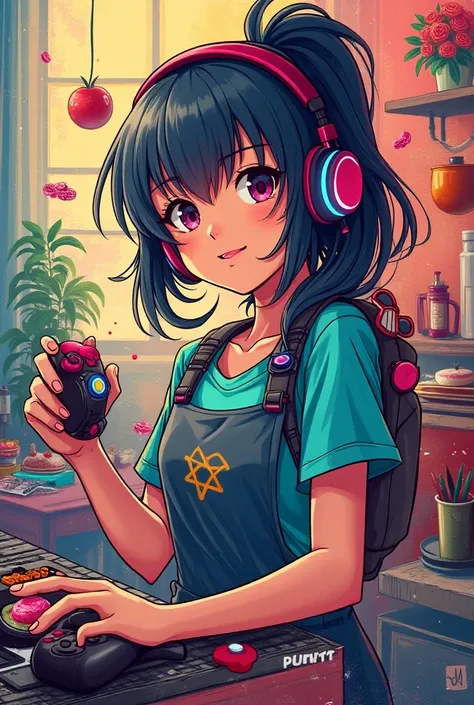 Create "collage digital art " in a Topics: FPS Gamer girl, cooking and baking hobbies with music