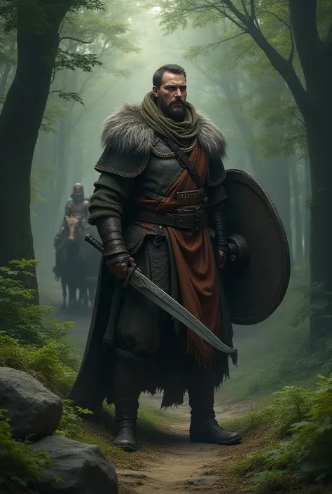 A Slavic hero, ready for battle, is guarded by a large wagon train in a dense forest, realistic style