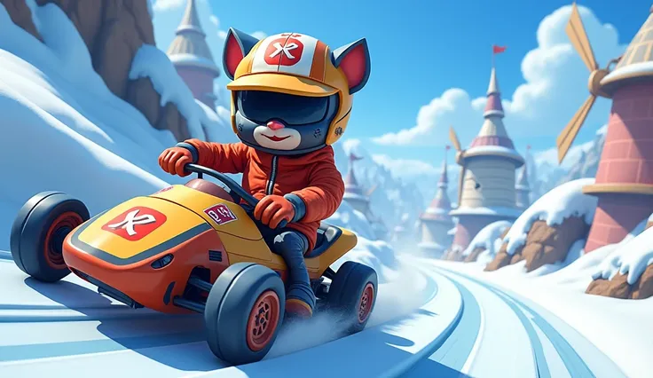 A screenshot of the Hill Climb Racing 2 driver wearing a new Tom 2-inspired racing suit, with bright colors and unique accessories like a helmet with Tom’s face, knee pads, and a racing jacket with animated details. The driver is navigating a new snowy map...