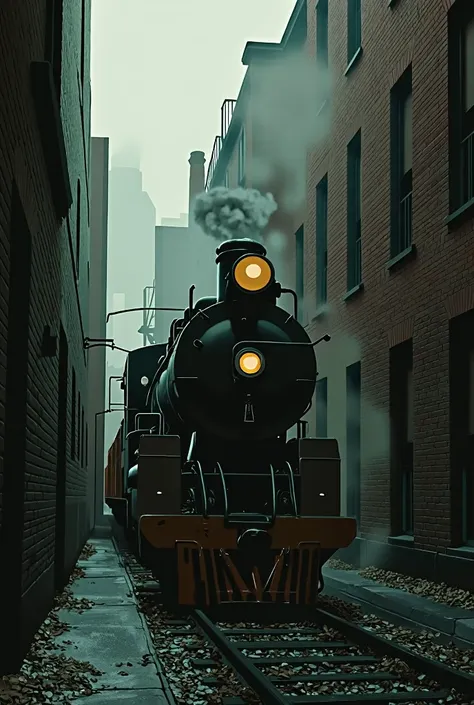 cinematic photography, an old train run through an alley, light rain