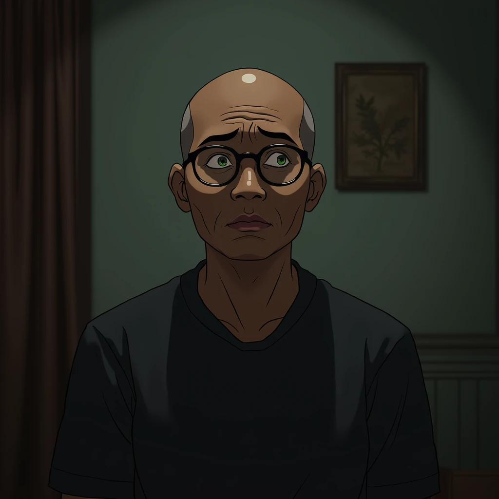 Anime, sad mimic, Indonesian guy, bald, eye-glasses, tan skin, indoor, talking, speaking