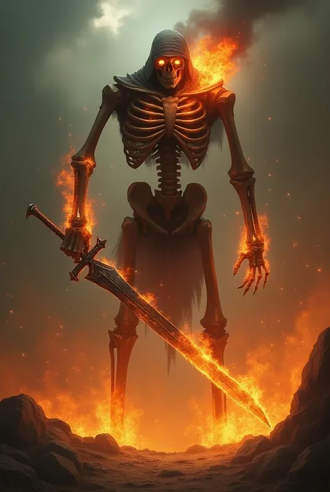 Skeleton, strong, high, Long sword in the hand, Fire Dominator, eyes of fire.