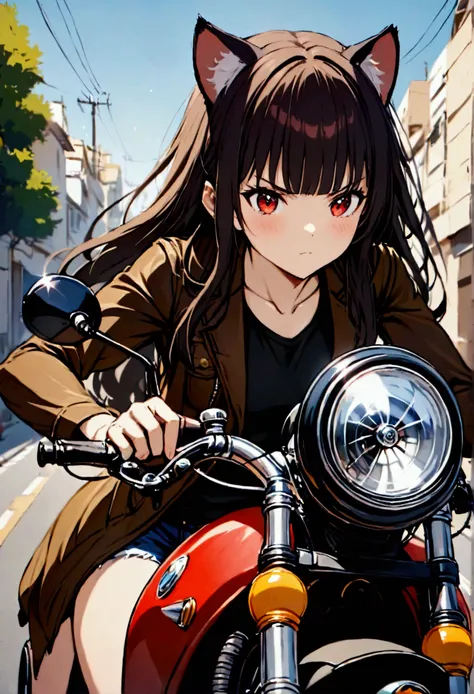 The girl who is from anime junkotvvxl long hair with bangs and cat ears costume cholo red eyes on a motorcycle 