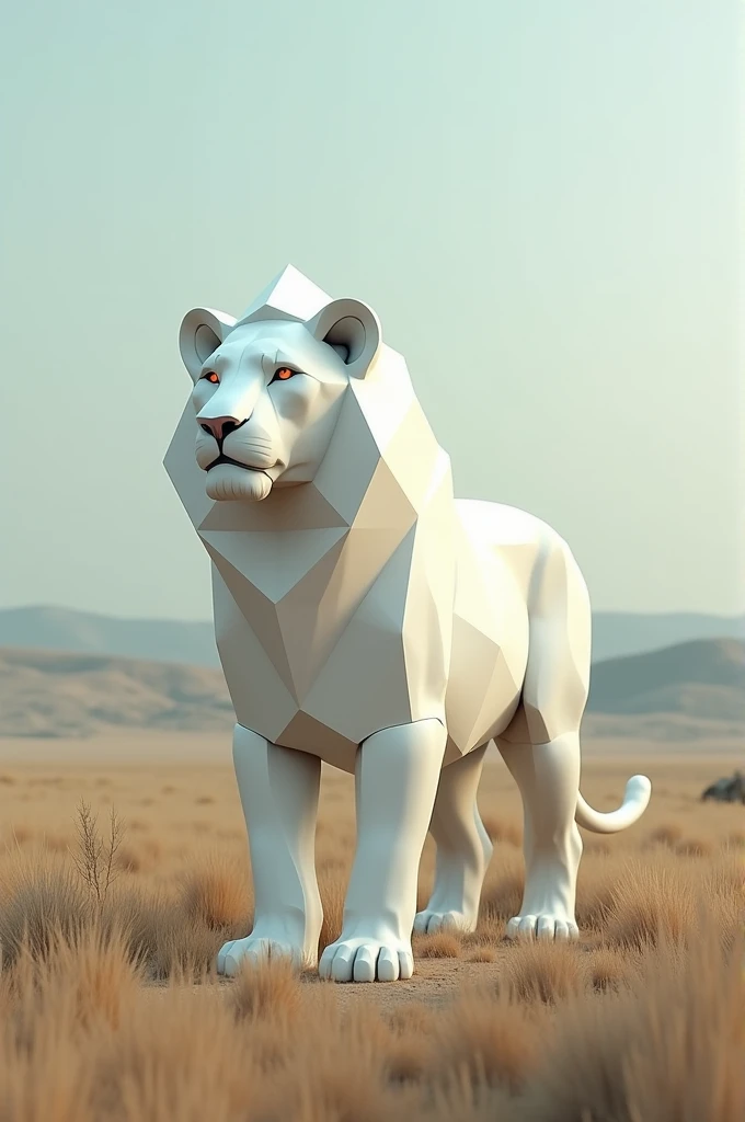 "In a tranquil, natural setting, a rare white lion stands majestically. However, this lion is unlike any other—it has the unusual design of a box, with its body taking on geometric, angular shapes, as though it were crafted from smooth, white panels. The l...