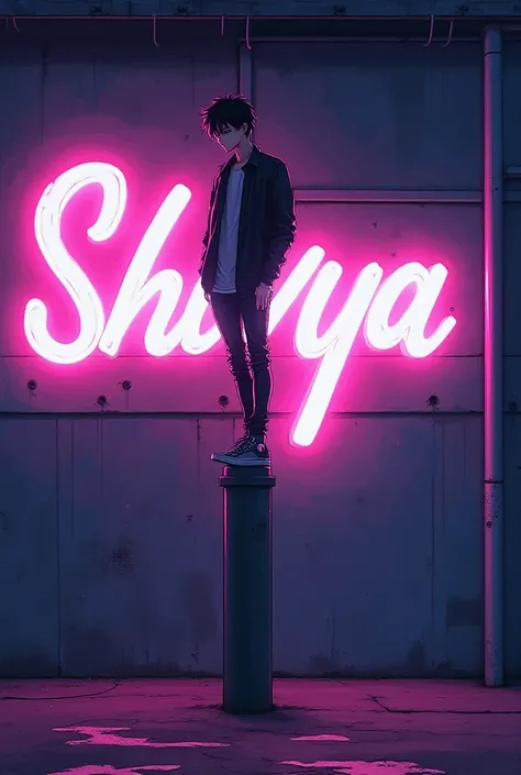 A anime 21 year boy stand up the light pole  the wall colour is neon white and black and on the wall    name is its me shivya in neon white clearly see the name