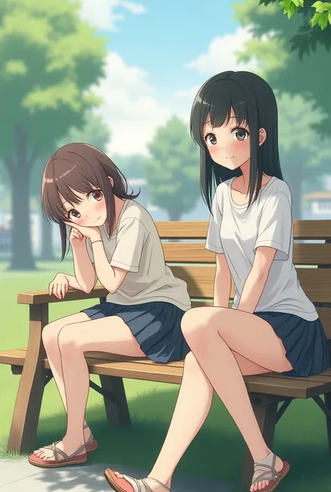  Japanese High School Girls、Wear natural plain clothes、Sitting on a bench and smiling