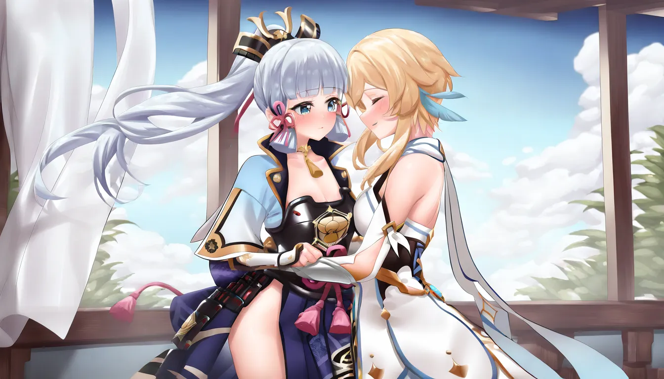 ((top quality)),((masterpiece)),((perfect face)),(ultra-detailed),ultra high res, 8k, ((2girls:1.3)), lumine (genshin impact), kamisato ayaka, blonde hair, light blue hair, hugging, standing, highly sensual, yuri, sakura trees, exquisite, (very aesthetic:1...