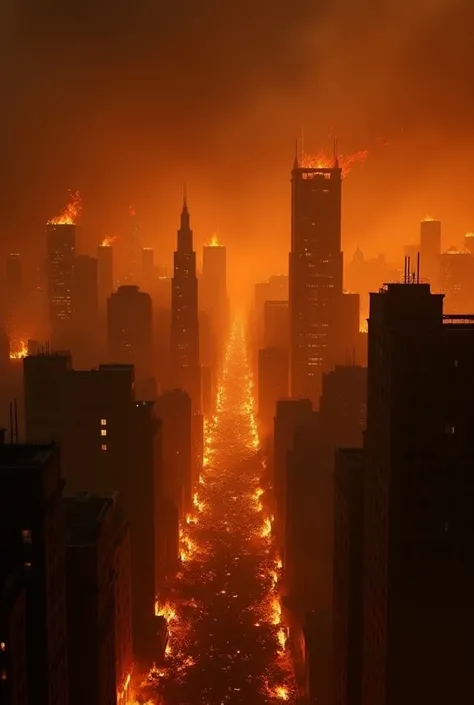 the whole gotham city in flames at night 