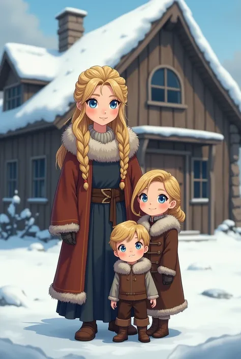 "Anime-style, high-quality, best quality, cute, soft shading, adorable. A family of three in the Viking era, shown from a front-facing POV: a 35-year-old wife with long blonde hair styled in an elegant Greek-inspired updo, blue eyes, wearing a Viking tunic...