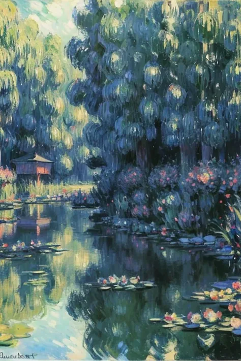 (Claude Monet&#39;s works:1.25),Impressionism ,Rainerism,quality(8k,best quality,masterpiece, like in the movie ), view from below ),background(outside,Dirty slums,View from above,郊outside，(Lots of carp swimming in the pond:1.8),)