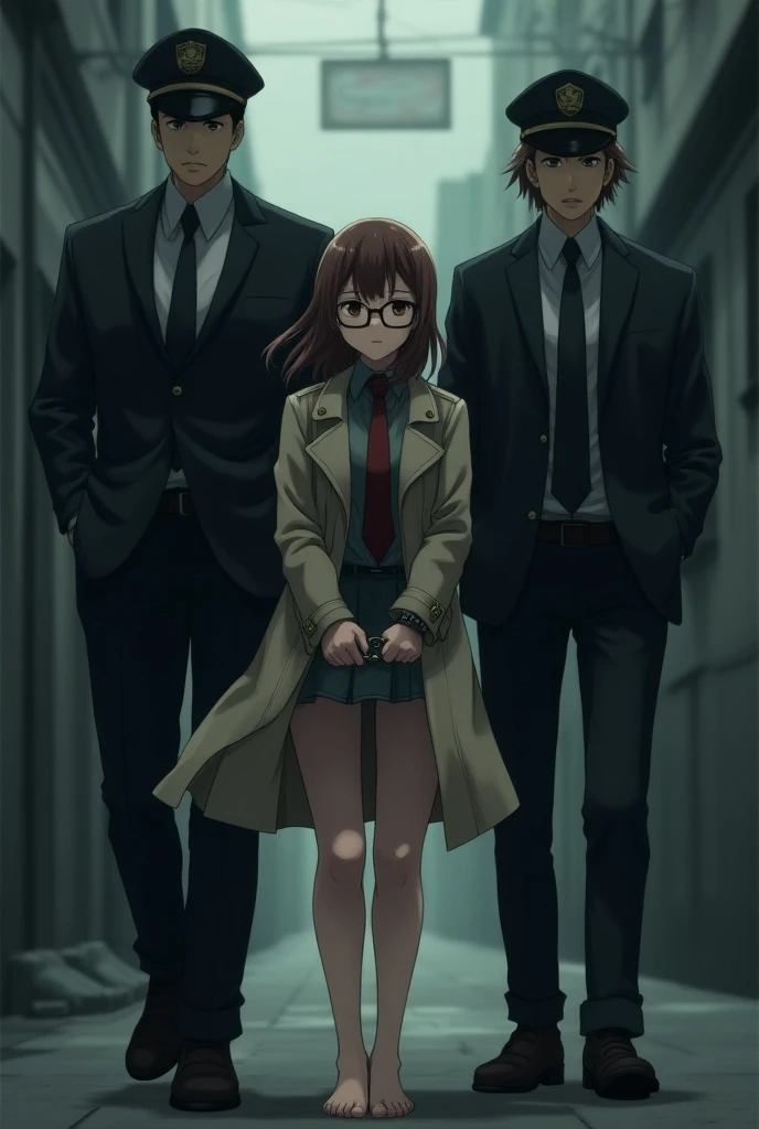  anime female convict is handcuffed with her bare feet and both hands， Wearing Glasses ，Trench coat，Two policemen support her 