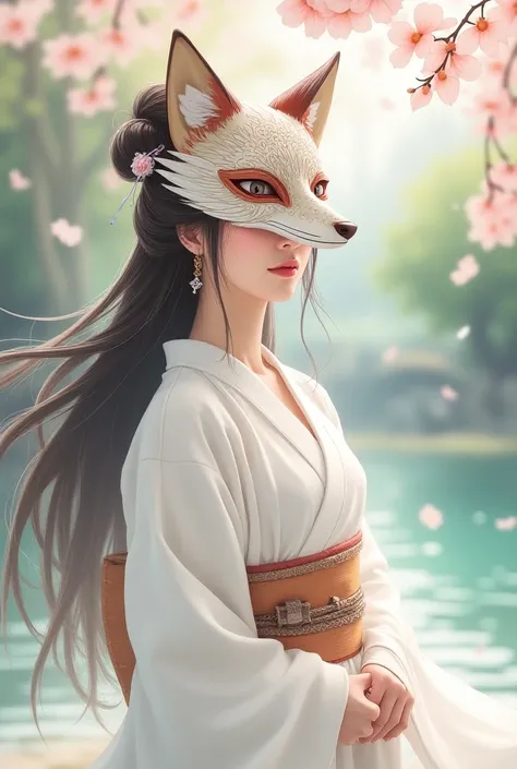 Fox Mask　beautiful woman with long hair　 white kimono　 anime style