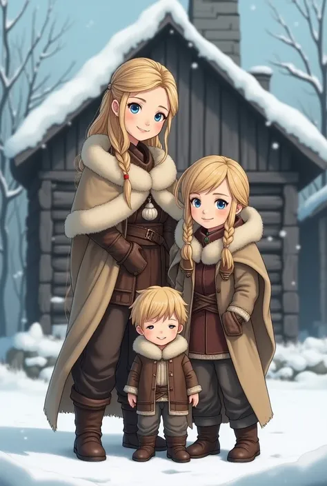 "Anime-style, high-quality, best quality, cute, soft shading, adorable. A family of three in the Viking era, shown from a front-facing POV: a 35-year-old wife with long blonde hair styled in an elegant Greek-inspired updo, blue eyes, wearing a Viking tunic...