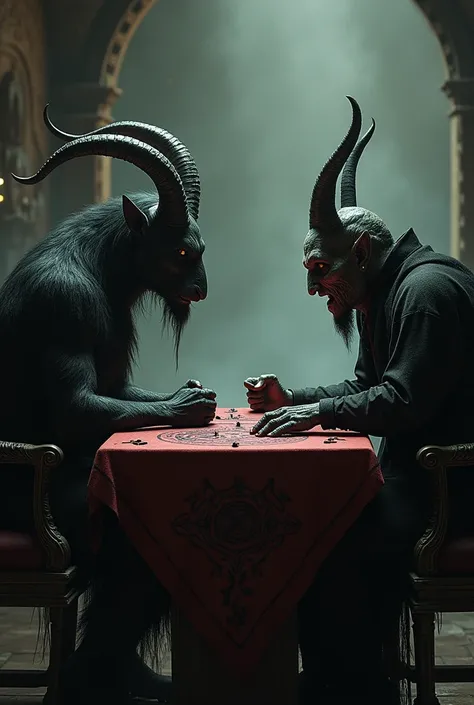 Baphomet A being with large horns and a goats head and the devil With an evil face sitting Each one in his chair and table talking, devilish scene, horror. ((super realistic))