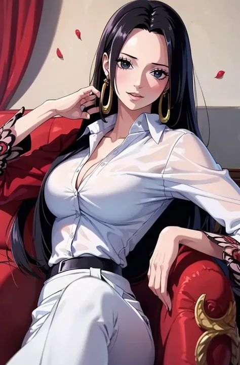 best quality, Masterpiece, Highly detailed,1 girl, , (detailed lighting), falling rose petals, Boa Hancock, (no:1.5), (Masterpiece:1.5), Detailed photos, smile, sexy, (8K, realistic, best quality: 1.4), (1 girl), beautiful Face, (realistic anime face), (bl...