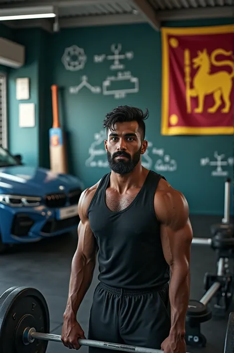 In a gym, youre lifting weights with determination, surrounded by physics equations and AI symbols like circuit boards. In the background, a cricket bat leans against a traditional Sri Lankan flag in the wall blending your fitness journey, academic interes...