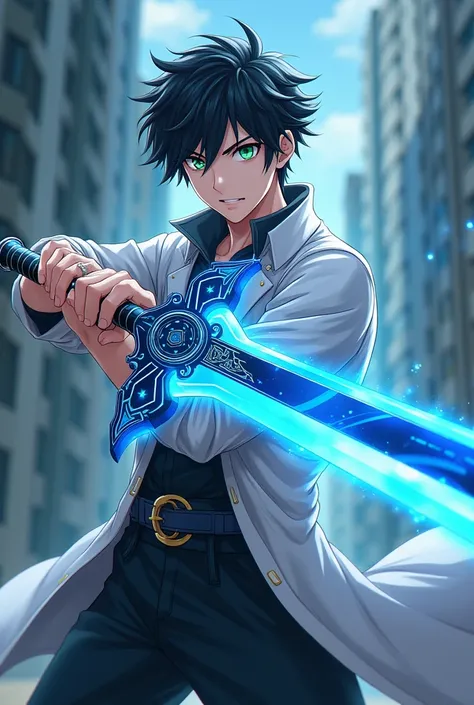 male anime character with black straight hair with green eyes got it , Now put it there full body holding a shiny light blue and dark blue sword with various effects on the sword , do it in another position now 