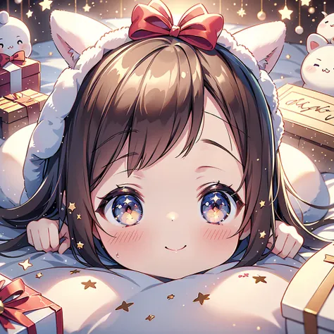 1girl,🎄、A girl is putting a gift box on her head on the bed、The present box has a big ribbon on it 、Chibi、 happy smile、joy、 glitter、Best Quality、 masterpiece、The best composition、 eyes closed、Chibi、