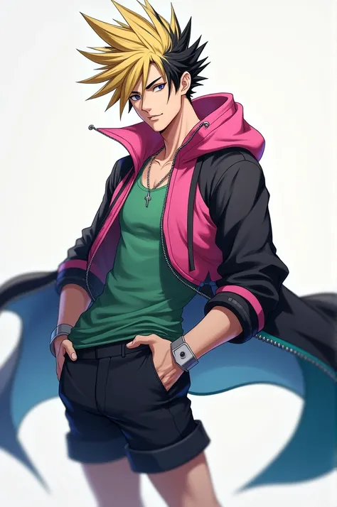 Make the male character have a combination of spiky blonde hair, combined with streaks of black hair. For the outfit, wear something casual. , a modern jacket with pink accents and dark shorts, but adding a flowing black and blue sleeveless coat, blending ...