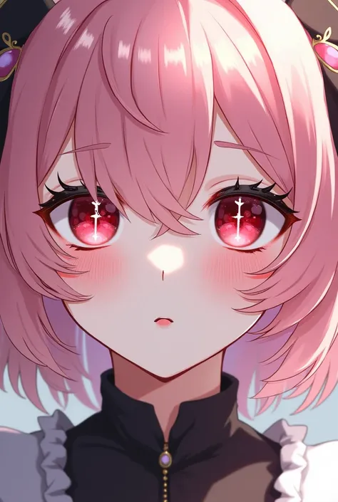 Beautiful girl of short height with wavy hair and whose hair color is pastel pink with black haci as in Gacha Life and dresses in kawaii shapes, besides having one eye that is blood-red and the other eye is cream-colored and has cross-shaped pupils