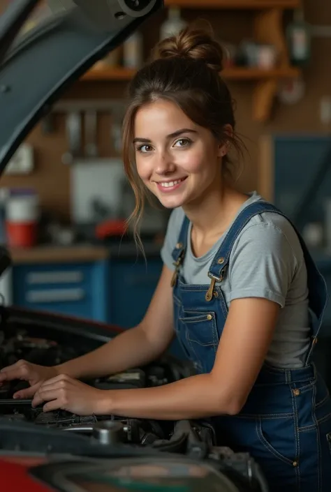 Adorable Female Mechanic in dungarees, Photography